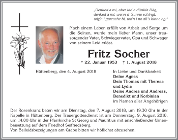 Traueranzeige von Fritz Socher von Allgäuer Anzeigeblatt