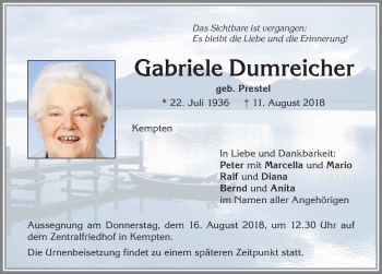 Traueranzeige von Gabriele Dumreicher von Allgäuer Zeitung,Kempten