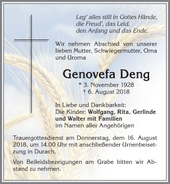 Traueranzeige von Genovefa Deng von Allgäuer Zeitung,Kempten