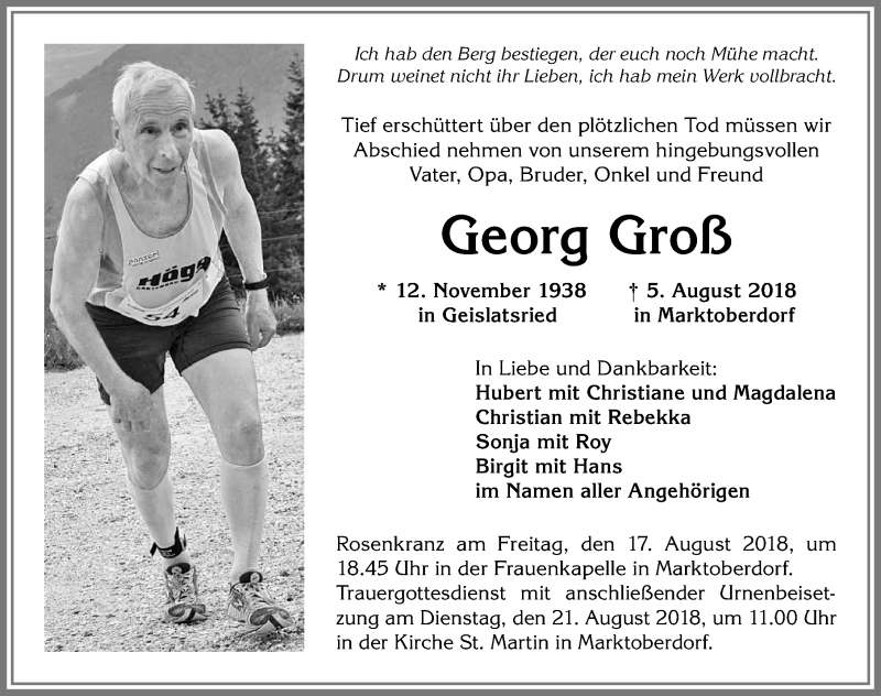  Traueranzeige für Georg Groß vom 14.08.2018 aus Allgäuer Zeitung