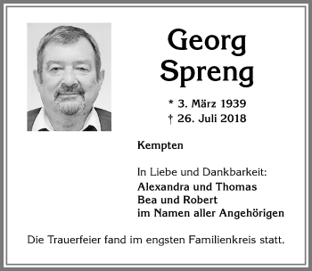 Traueranzeige von Georg Spreng von Allgäuer Zeitung,Kempten