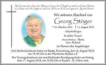 Traueranzeige von Georg Stöger von Allgäuer Zeitung, Füssen