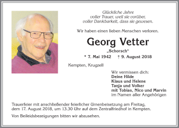 Traueranzeige von Georg Vetter von Allgäuer Zeitung,Kempten