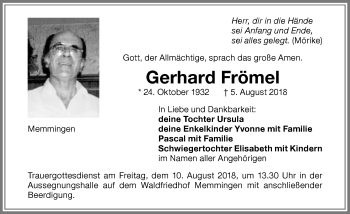 Traueranzeige von Gerhard Frömel von Memminger Zeitung