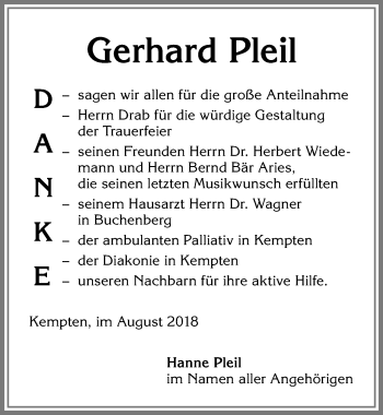 Traueranzeige von Gerhard Pleil von Allgäuer Zeitung,Kempten