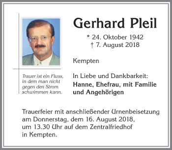 Traueranzeige von Gerhard Pleil von Allgäuer Zeitung,Kempten