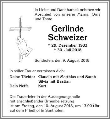Traueranzeige von Gerlinde Schweizer von Allgäuer Anzeigeblatt