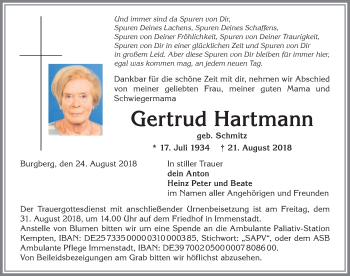 Traueranzeige von Gertrud Hartmann von Allgäuer Anzeigeblatt