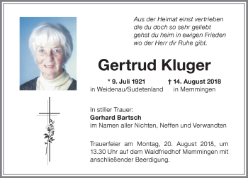 Traueranzeige von Gertrud Kluger von Memminger Zeitung