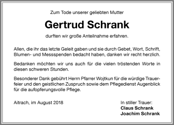 Traueranzeige von Gertrud Schrank von Memminger Zeitung