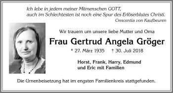 Traueranzeige von Gertrud Angela Gröger von Allgäuer Zeitung, Kaufbeuren/Buchloe