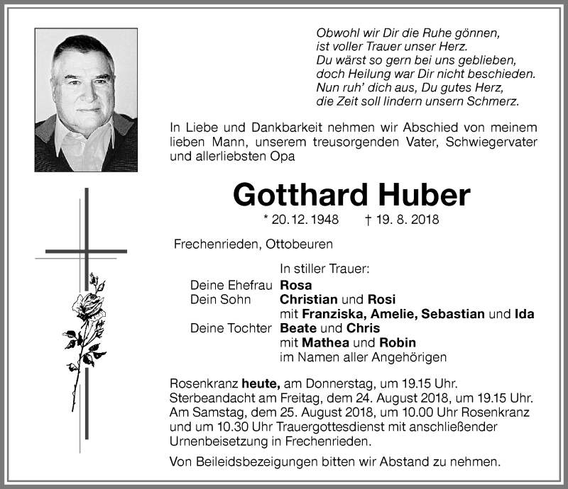  Traueranzeige für Gotthard Huber vom 23.08.2018 aus Memminger Zeitung
