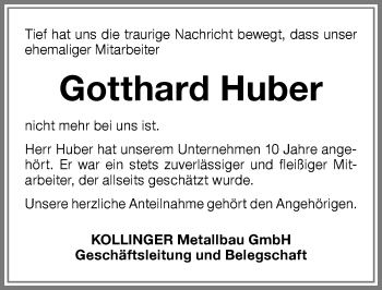 Traueranzeige von Gotthard Huber von Memminger Zeitung