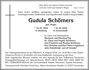 Traueranzeige von Gudula Schömers von Allgäuer Anzeigeblatt