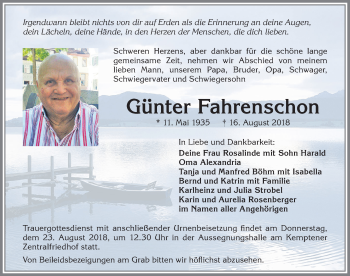 Traueranzeige von Günter Fahrenschon von Allgäuer Zeitung,Kempten