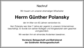 Traueranzeige von Günther Polansky von Memminger Zeitung