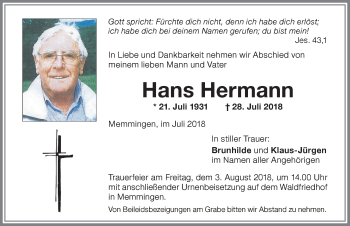 Traueranzeige von Hans Hermann von Memminger Zeitung