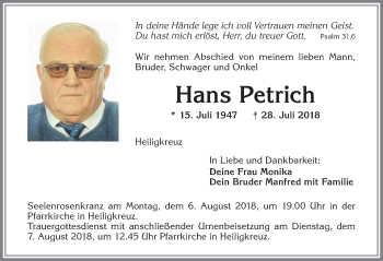 Traueranzeige von Hans Petrich von Allgäuer Zeitung,Kempten