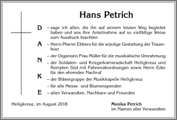 Traueranzeige von Hans Petrich von Allgäuer Zeitung,Kempten
