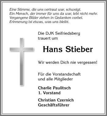 Traueranzeige von Hans Stieber von Allgäuer Anzeigeblatt