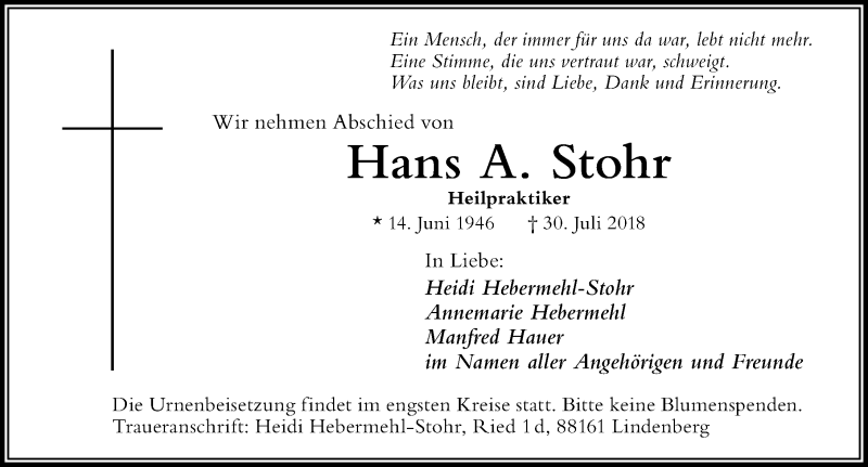  Traueranzeige für Hans Stohr vom 04.08.2018 aus Der Westallgäuer
