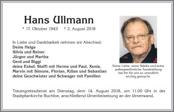 Traueranzeige von Hans Ullmann von Allgäuer Zeitung, Kaufbeuren/Buchloe