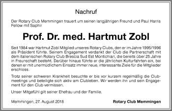 Traueranzeige von Hartmut Zobl von Memminger Zeitung