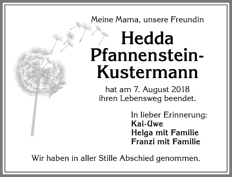  Traueranzeige für Hedda Pfannenstein-Kustermann vom 18.08.2018 aus Allgäuer Zeitung,Kempten