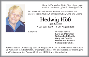 Traueranzeige von Hedwig Höß von Allgäuer Zeitung,Kempten