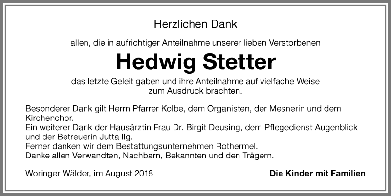  Traueranzeige für Hedwig Stetter vom 03.08.2018 aus Memminger Zeitung