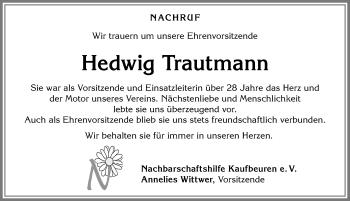 Traueranzeige von Hedwig Trautmann von Allgäuer Zeitung, Kaufbeuren/Buchloe