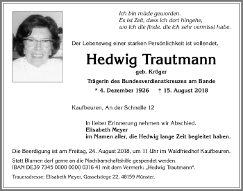 Traueranzeige von Hedwig Trautmann von Allgäuer Zeitung, Kaufbeuren/Buchloe