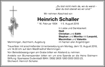 Traueranzeige von Heinrich Schaller von Memminger Zeitung