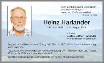 Traueranzeige von Heinz Harlander von Memminger Zeitung