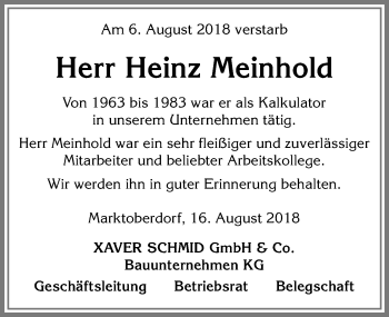 Traueranzeige von Heinz Meinhold von Allgäuer Zeitung, Marktoberdorf