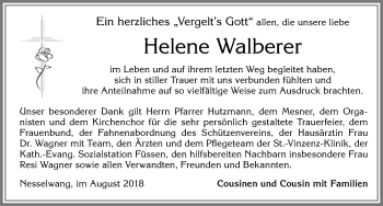 Traueranzeige von Helene Walberer von Allgäuer Zeitung, Füssen