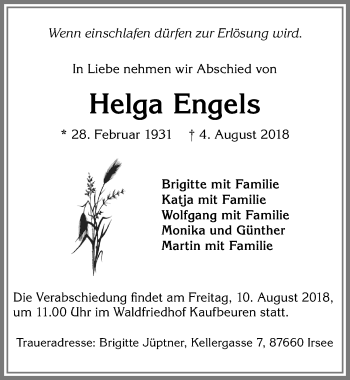 Traueranzeige von Helga Engels von Allgäuer Zeitung, Kaufbeuren/Buchloe