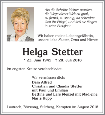 Traueranzeige von Helga Stetter von Allgäuer Zeitung
