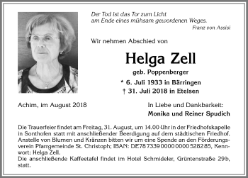 Traueranzeige von Helga Zell von Allgäuer Anzeigeblatt