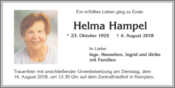 Traueranzeige von Helma Hampel von Allgäuer Zeitung,Kempten