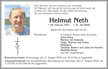 Traueranzeige von Helmut Neth von Allgäuer Zeitung, Gesamtausgabe