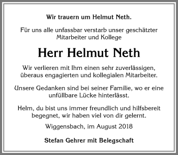 Traueranzeige von Helmut Neth von Allgäuer Zeitung
