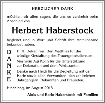 Traueranzeige von Herbert Haberstock von Allgäuer Anzeigeblatt