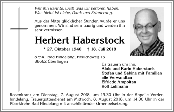Traueranzeige von Herbert Haberstock von Allgäuer Anzeigeblatt