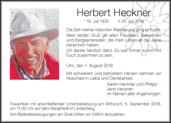 Traueranzeige von Herbert Heckner von Der Westallgäuer