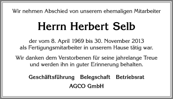 Traueranzeige von Herbert Selb von Allgäuer Zeitung, Marktoberdorf