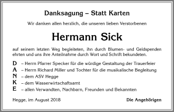 Traueranzeige von Hermann Sick von Allgäuer Zeitung,Kempten
