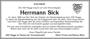 Traueranzeige von Herrmann Sick von Allgäuer Zeitung,Kempten