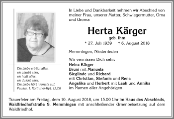 Traueranzeige von Herta Kärger von Memminger Zeitung