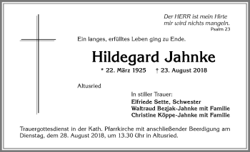 Traueranzeige von Hildegard Jahnke von Allgäuer Zeitung,Kempten